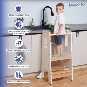 Turn de invatare tip Learning tower pentru copii Suporto AlbMaro, rol de inaltator cu treapta de urcare reglabila antiderapanta si balustrade de protectie imagine