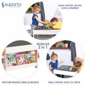 Set masuta cu 2 scaune pentru copii Suporto Alb Maro 3-6 ani, cu rafturi pentru carti, sertare depozitare, organizator jucarii, tabla de scris, desenat, studiat, din MDF imagine