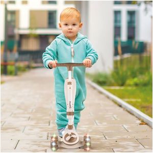 Trotineta pentru copii, Malplay, pliabila, 3 in 1, scaunel detasabil, roti din PU cu lumini Led, punte antiderapanta si frana de picior, ghidon reglabil pe inaltime, manere ergonomice, elice rotativa, 59 x 30.5 x 66 cm, Bej imagine
