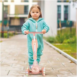 Trotineta pentru copii, Malplay, pliabila, 3 in 1, scaunel detasabil, roti din PU cu lumini Led, punte antiderapanta si frana de picior, ghidon reglabil pe inaltime, manere ergonomice, elice rotativa, 59 x 30.5 x 66 cm, Pink imagine