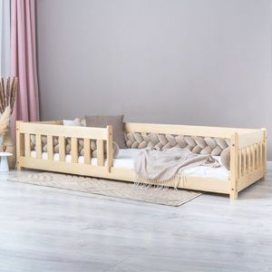 Pat pentru copii Montessori cu balustrada, Little Amy, Charlie, balustrade cu bare plate, Natur, 90 x 180 cm imagine