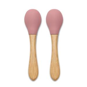 Set 2 lingurite din silicon si bambus forma ergonomica Pink imagine