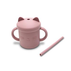 Canuta cu manere si pai din silicon natural 9 luni+ Pink 200 ml imagine