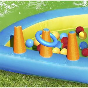 Saltea gonflabila Happy Hop Oasis 7 in 1, loc de joaca cu bile, tun cu apa, spatiu de catarat, doua tobogane, 30 bile plastic incluse imagine