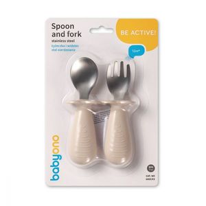 Set tacamuri pentru copii, lingurita si furculita din inox Babyono Bej imagine