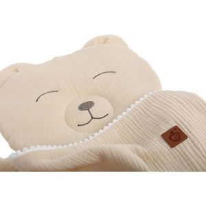 Set paturica 73x96 cm si perna 31x24 cm pentru copii Babymam, din muselina cu structura aerisita, model beige Teddybear imagine