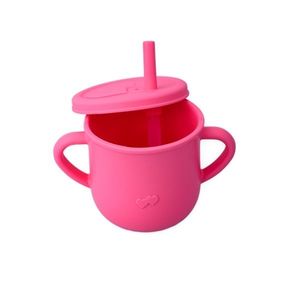 Set diversificare pentru copii Castron, farfurie elefant din bambus cu lingurita, cana cu pai si baveta Oaki Roz imagine