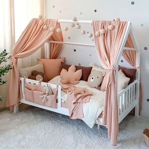 Set 2 baldachine muselina pentru pat tip casuta, Little Amy, Somon, 2x315 cm pentru pat 90x180 cm imagine