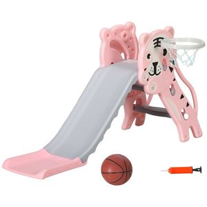AIYAPLAY Tobogan pentru Copii 18-36 Luni cu Coș de Baschet Lateral și Tobogan din Plastic, 133x60x70 cm, Roz | Aosom Romania imagine