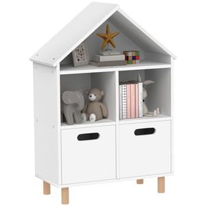 AIYAPLAY Bibliotecă pentru copii mobilier de depozitare pentru copii 3 nivele cu două sertare formă de casă 63, 7 x 29, 7 x 89 cm alb | Aosom Romania imagine