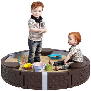 AIYAPLAY Cutie de nisip, Cutie de nisip rotunda pentru pana la 3 copii, cu 3 scaune, strat impermeabil, protectie impotriva intemperiilor, 300 kg de nisip | Aosom Romania imagine