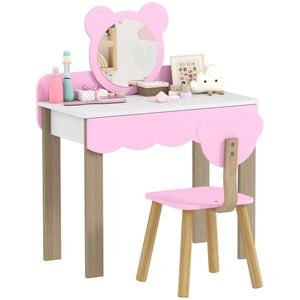 AIYAPLAY Set Masuta Cosmetica cu Scaunel pentru Copii, Oglinda de Machiaj, Forma Ursulet, Sertar, MDF, Roz | Aosom Romania imagine
