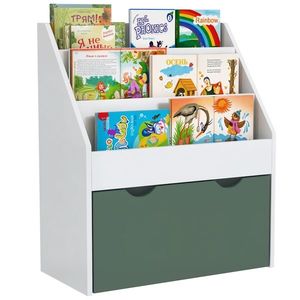 AIYAPLAY Bibliotecă pentru copii, depozitare multiplă cu 3 nivele de rafturi și un sertar, 62, 5L x 30l x 70H cm, verde | Aosom Romania imagine