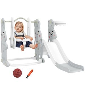 AIYAPLAY Set de jocuri 4 în 1 pentru copii, Tobogan, Leagăn, Structură de escaladă, Coș de baschet, Plastic, Design cu iepurași, Gri | Aosom Romania imagine