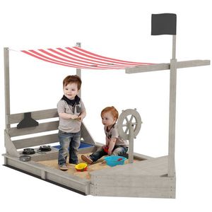 Outsunny Cutie de nisip cu parasolar Vapor pirat, inclusiv set de joc de bucătărie pentru copii, Lemn masiv, 180 x 103 x 144, 5 cm, Gri | Aosom Romania imagine