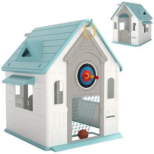 AIYAPLAY Căsuță de Joacă 5-în-1 pentru Copii, de Exterior și Interior, cu Coș de Baschet, Poartă de Fotbal, Tablă de Darts, Joc de Aruncare a Inelelor pentru Copii 2-5 Ani, Bej | Aosom Romania imagine