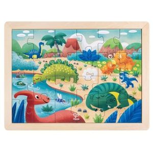 Puzzle din lemn 2 in 1 - Dinozauri (26 piese), cu fata dubla si activitate colorare imagine