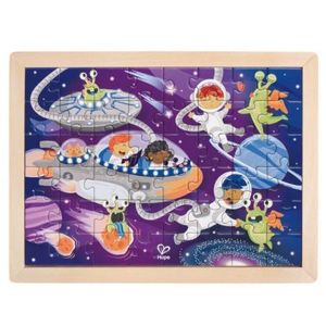 Puzzle din lemn 2 in 1 - Prietenii din Spatiu (50 piese), cu fata dubla si activitate colorare imagine