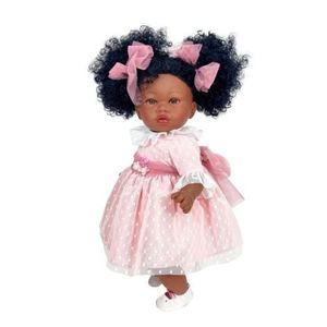 Papusa Nines D'Onil, Addis Afro, cu rochie roz plumeti, cu miros de vanilie, 45 cm imagine