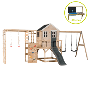 Casuta de gradina, Wendi Toys Grey Lodge, cu tobogan, leagan dublu, modul sport si bucatarie imagine
