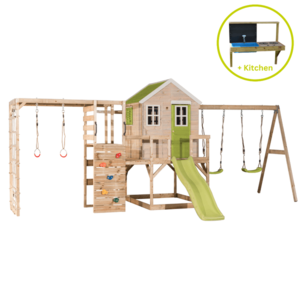 Casuta de gradina, Wendi Toys Lime Lodge, cu tobogan, leagan dublu, modul sport si bucatarie imagine
