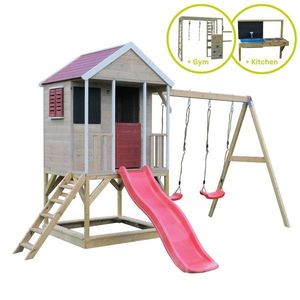 Casuta Wendi Toys Summer Adventure House, cu loc pentru nisip, tobogan, leagan dublu, modul sport, bucatarie imagine