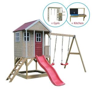 Casuta Wendi Toys Nordic Adventure House, cu loc pentru nisip, tobogan, leagan dublu, modul sport, bucatarie imagine