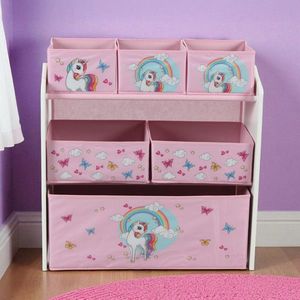 Organizator jucarii / mobilier camera copilului Unicorns, U-Grow, 63x30x60 cm, lemn de pin/textil, roz imagine