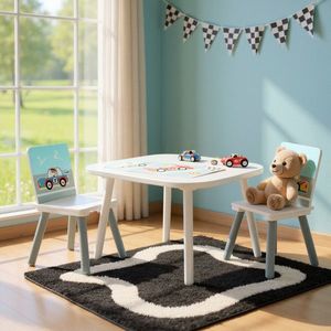 Set birou cu 2 scaune Cars, U-Grow, 60x60x44 cm / 26.8x26.8x51 cm, MDF/lemn de pin, alb/albastru imagine