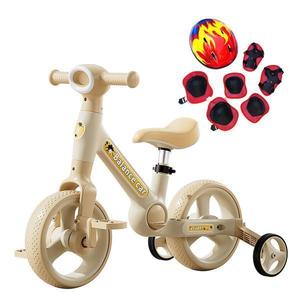 Bicicleta cu roti ajutatoare 2-4 ani, Crem, 10 inch, 2 in 1 Transformabila fara pedale, Echipament protectie, Lanterna imagine
