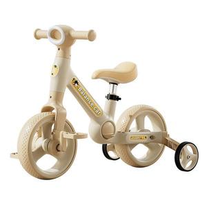 Bicicleta cu roti ajutatoare 2-4 ani, Crem, 10 inch, 2 in 1 Transformabila in bicicleta fara pedale, Lanterna far led imagine