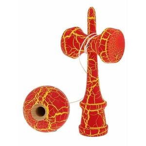 Jucărie interactivă Kendama din lemn, 18 cm, model roșu cu crăpături galbene – joc de îndemânare pentru copii și adulți imagine