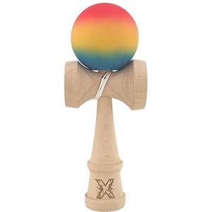 Kendama X Originala, Profesionala, Flippy, din Lemn, Rubber Grip, 18 cm, Rosu/Galben/Albastru imagine