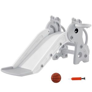 AIYAPLAY Tobogan 3-in-1 pentru Copii, Formă de Girafă, Coș de Baschet, Minge, Gri | Aosom Romania imagine