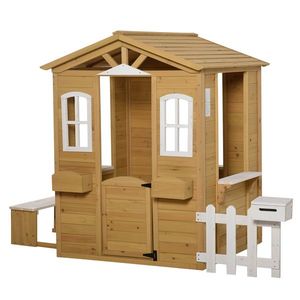 Outsunny Cabana de joc pentru copii casa de gradina din lemn cu usa si ferestre, banc, cutie postala, garda, 3-6 ani | Aosom Romania imagine