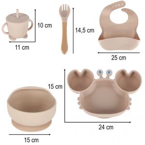 Set complet de hranire copii, Ikonka, cu 9 piese din silicon, pentru diversificare hrana, beige Crab imagine