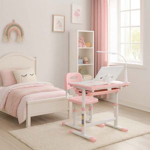 Birou cu scaunel pentru copii pink, inaltime reglabila, constructie durabila, lampa led detasabila cu 3 moduri de iluminare imagine