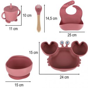 Set complet de hranire copii, Ikonka, cu 9 piese din silicon, pentru diversificare hrana, pink Crab imagine