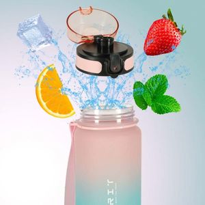 Sticla de apa motivationala Ikonka bluepink, cu marcaje de timp si volum, capac anti-scurgere, capacitate 600 ml imagine