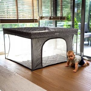 Tarc de joaca pentru copii Kidnort Snoen Light Grey, pliabil, design modern si sigur, acces mare cu fermoar actionat din exterior, dimensiune 126 x 126, husa depozitare inclusa, dimensiune 126.5 x 74.5 cm imagine