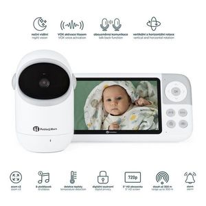 Video monitor PetiteMars Eve 5.0 Alb, ecran HD, autonomie pana la 16 ore, raza de actiune 300m, suport pentru pana la 4 camere, activare VOX la voce imagine