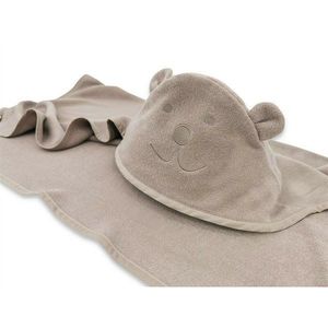 Prosop cu gluga Qmini Teddy Bear Mocha, cu broderie si urechi, 100x100 cm, din tricot termo-terry din bambus imagine