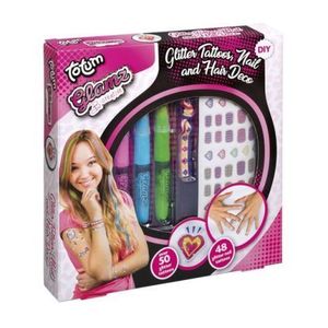 Set creativ 3 in 1, tatuaje cu sclipici, tatuaje cu sclipici pentru unghii si creioane pentru colorarea parului - Fashion Glamz imagine