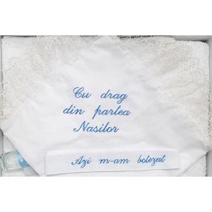 Trusou botez cu dantela - broderie bleu imagine