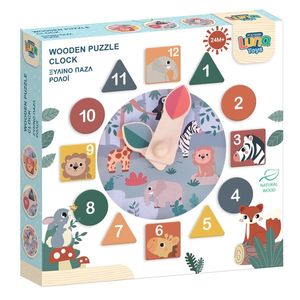 Ceas din lemn tip puzzle, Luna Toys, 22 x 3 cm imagine