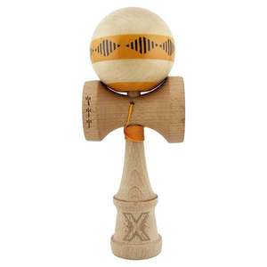 Jucarie de indemanare din lemn, Kendama X, Frequency Flippy, Super Sticky, 18 cm, Portocaliu, Maro imagine