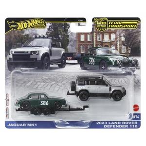 Transportator cu masinuta Hot Wheels, 2023 Land Rover Defender 110 si Jaguar MK1, JBM29 imagine