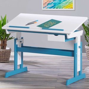 Birou pentru copii reglabil pe inaltime Pijii, Inter Link, 109x55x63-96 cm, lemn, alb/albastru imagine