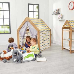 Cort de joaca pentru copii, Hanah Home, Wooden Tent, 95x114x90 cm, Natural / Alb / Galben imagine