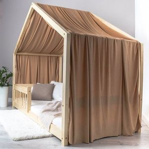 Pat pentru copii Montessori tip casuta, LittleAmy, Cozi Cottage, balustrade cu bare rotunde, Natur, 100x180 cm imagine